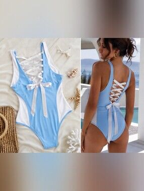 GORGEOUS One Piece Swimsuit Medium Corset Style Lace Up Back Blue Bathing Suit